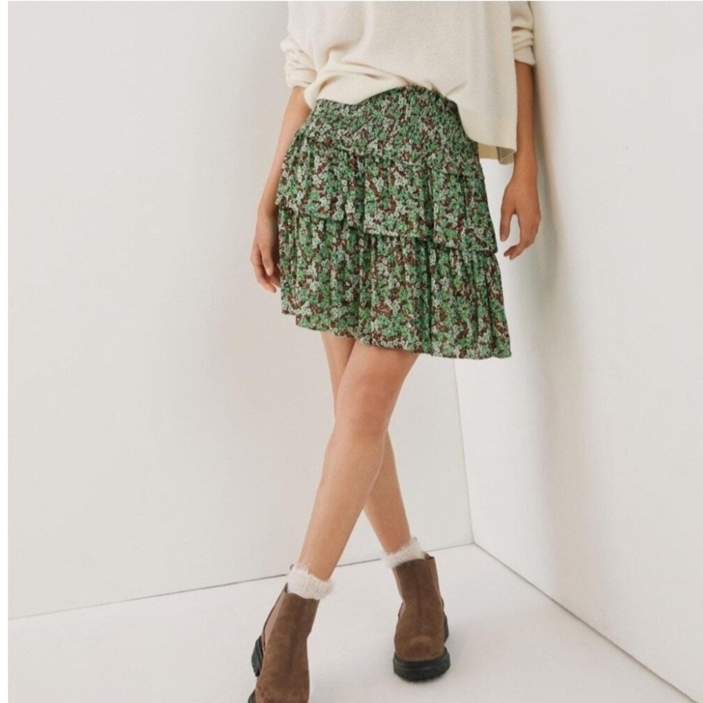 Anthropologie Myla Green Floral Tiered Mini Skirt XS